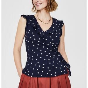 Boden Ruffle Wrap Blouse Top NEW navy blue polka dot preppy US 6 jersey knit